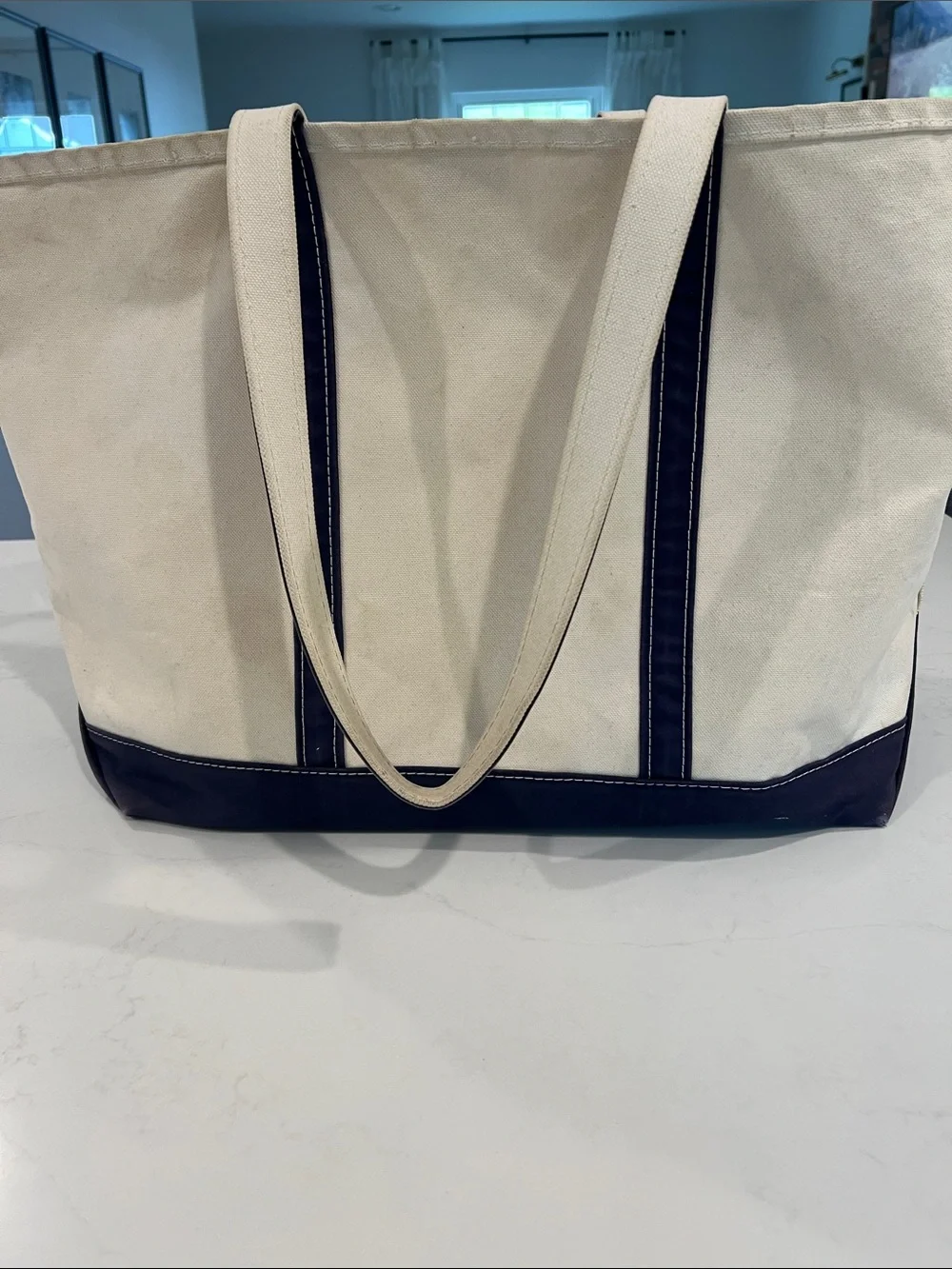 L.L. Bean Cream XL Canvas Tote with Navy Trim - Personalized POMEROY